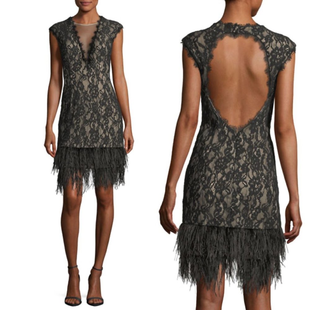 Aidan by Aidan Mattox V-Neck Cap-Sleeve Lace Cocktail Dress w/ Feather Hem - Picture 1 of 10